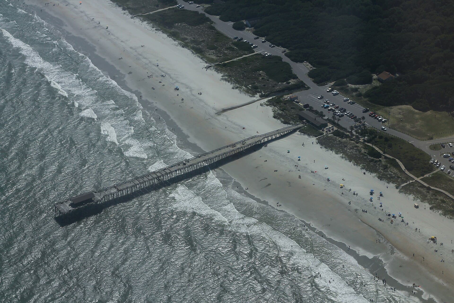 Myrtle Beach State Park pier and Atlantic coastline from above